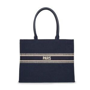 PARIS Navy Canvas Tote Bag with Contrast Stripes